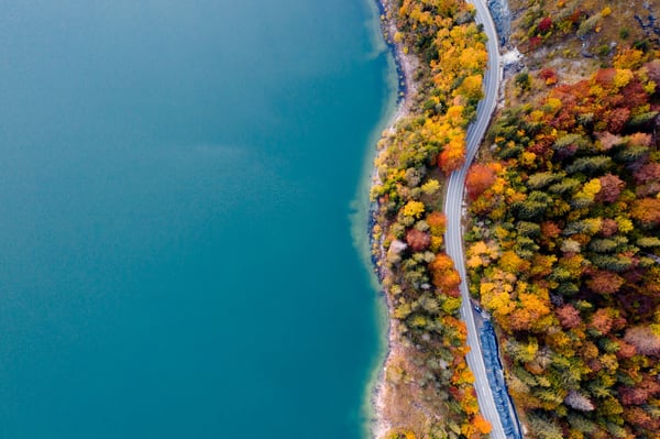Aerial view of lake and autumn forest