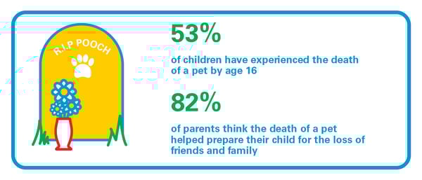 A visual with a stat showing that 53% of kids have experienced the death of a pet by age 16.