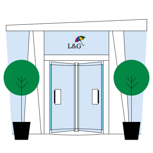 Illustration of revolving doors with the L&G logo above