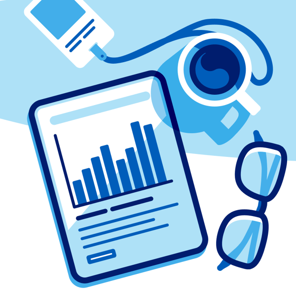 Illustration showing a tablet displaying a bar chart and text, a coffee cup viewed from above, a pair of glasses, and a work pass attached to a lanyard arranged on a light background.