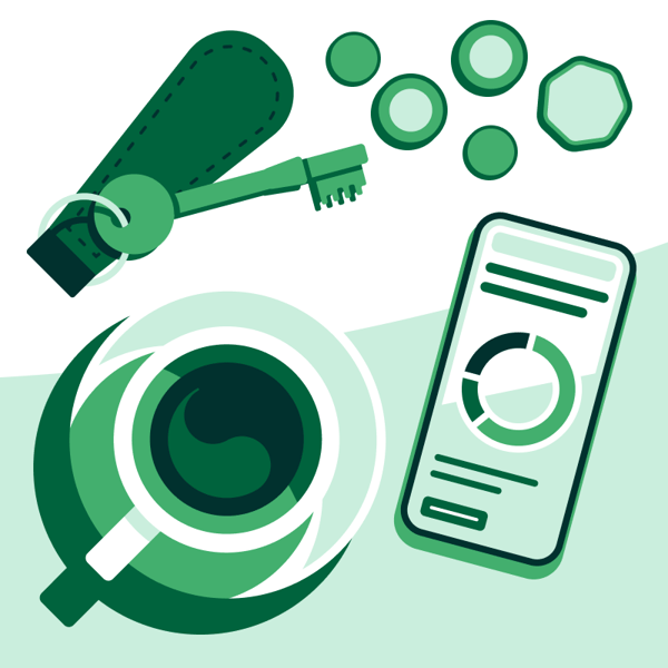 Illustration showing a cup of coffee viewed from above, a smartphone displaying a circular chart, a keyring with an attached key, and several coins arranged on a light background.