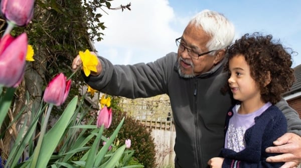 Older man with grandchild in garden