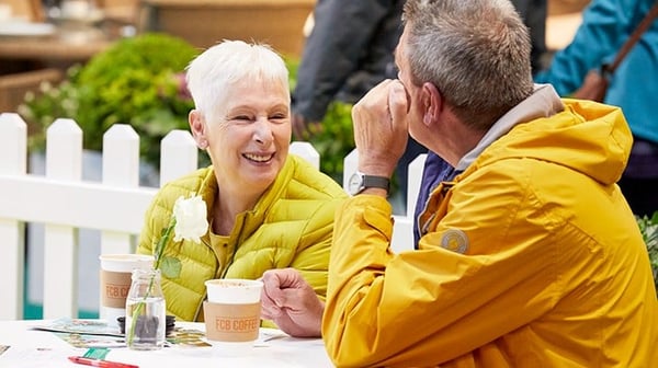 Two people drinking coffee