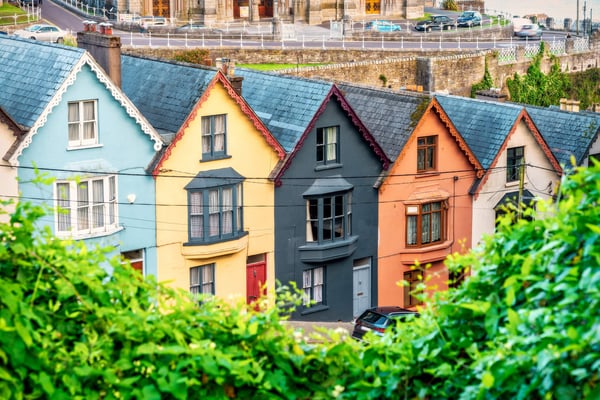 Multicoloured terraced houses on a hill