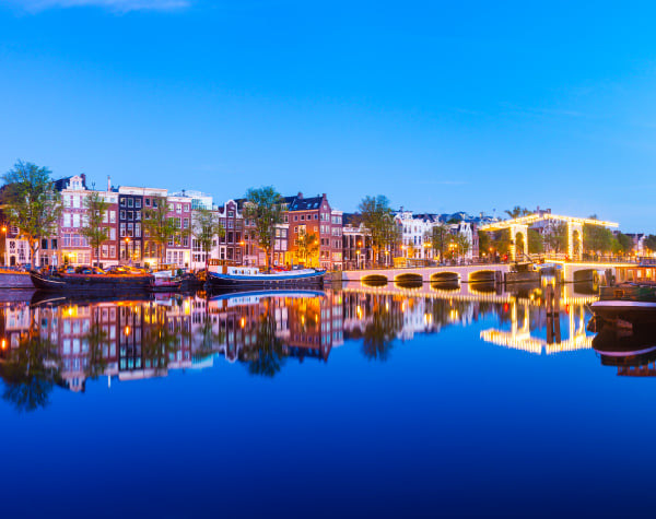 Looking across water to a city