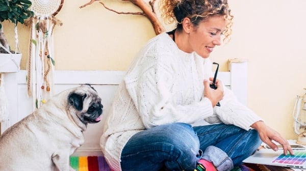 Lady sitting with dog researching at home on her laptop