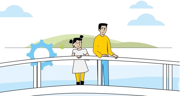 Illustration of a man and young girl on a bridge