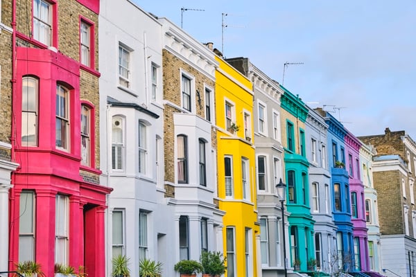 A row of colourful Victorian terraced houses