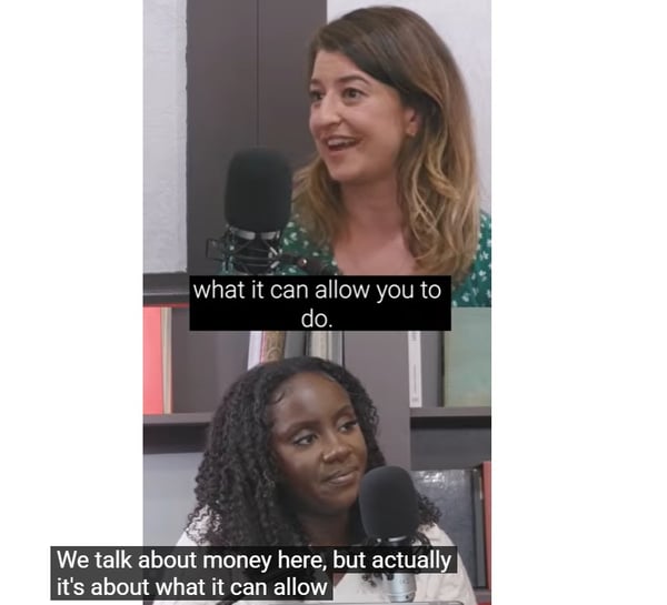 Two women talking on a podcast