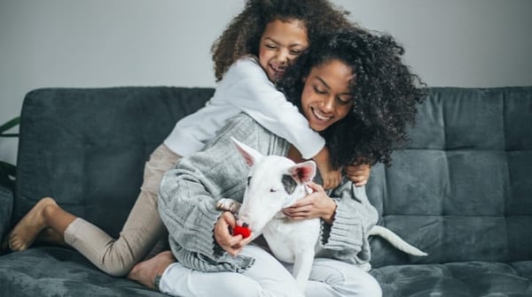 Woman playing with child and dog