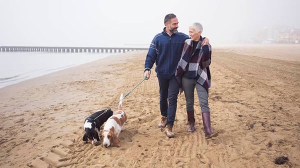 Couple walking dog