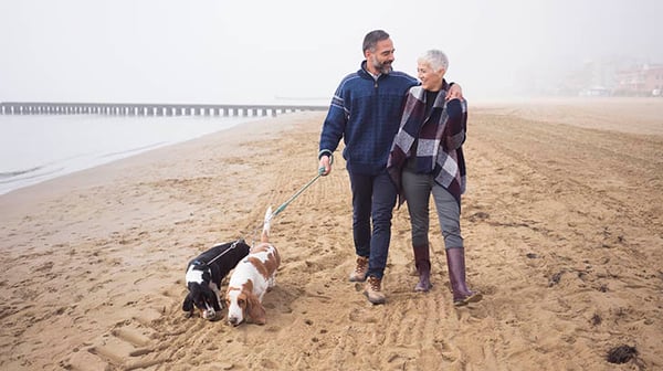 Couple walking dog