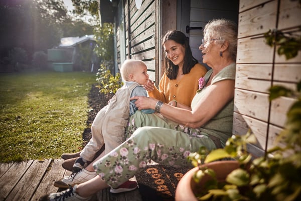 Family sitting on the steps in a garden
