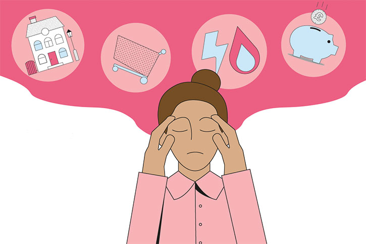 Illustration of woman looking stressed thinking of her stressors