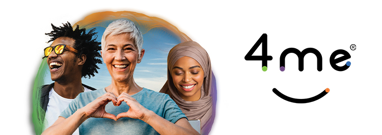 4me logo and graphic of smiling people