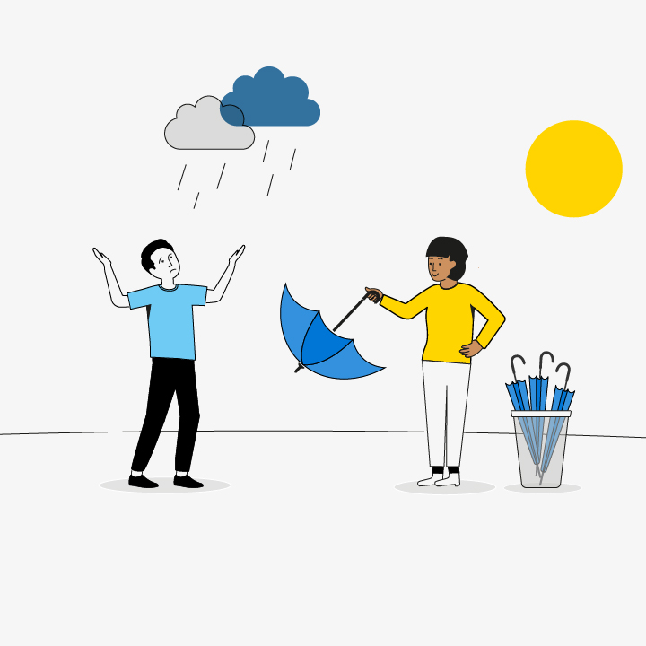Man being rained on and woman with umbrella