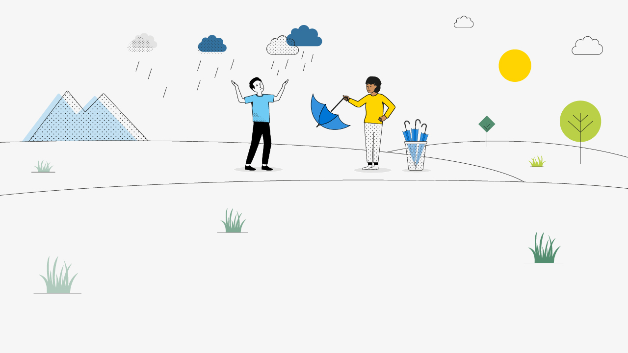 Man being rained on and woman with umbrella