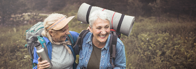 Two older women hiking together