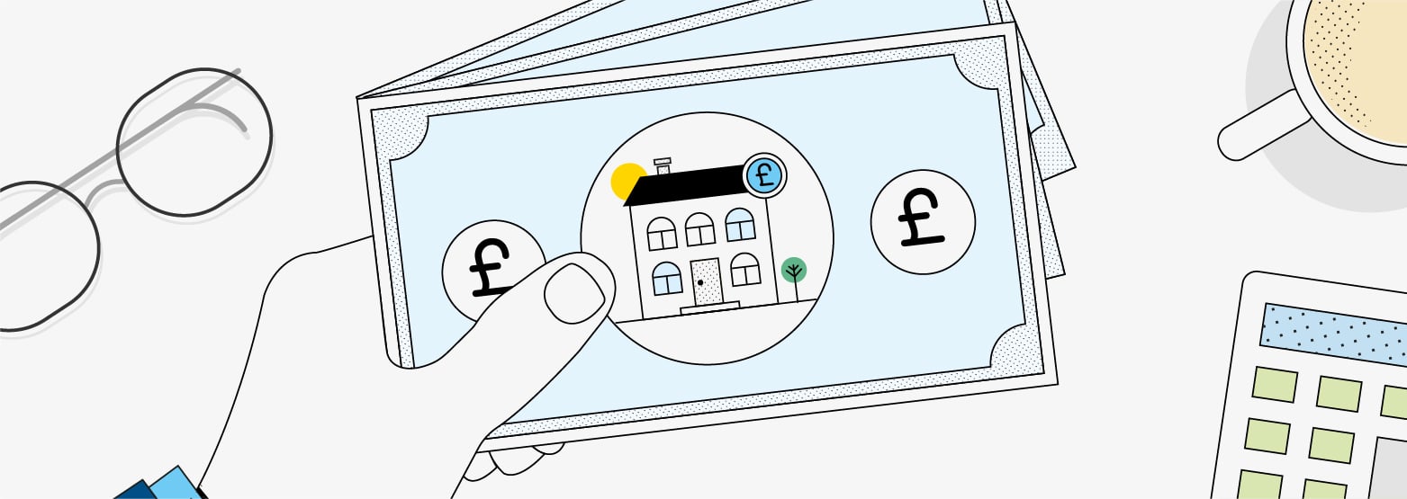 Illustration of a hand holding a bank note featuring a house