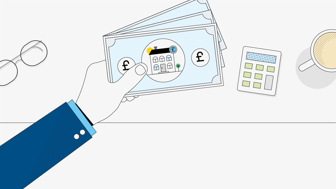 Illustration of a hand holding a bank note featuring a house