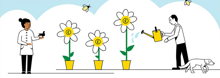 Illustration of two people watering flowers in plan pots