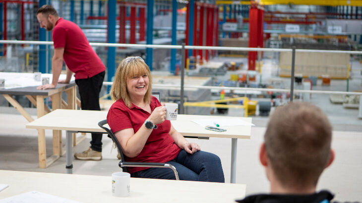 Enjoying a cup of tea in the factory