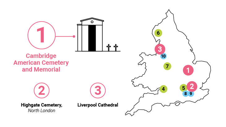 Map of top ten ranked cemeteries in England