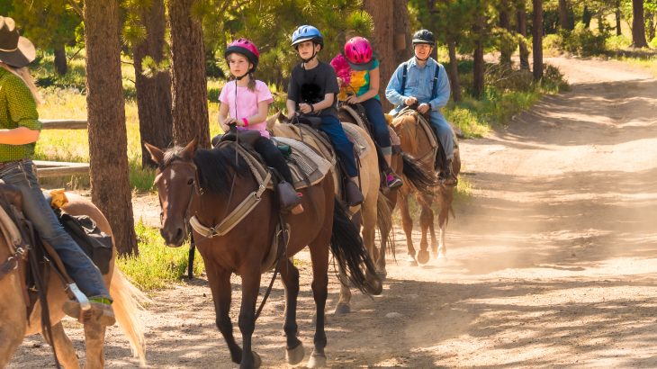 Family horseback riding in the woods
