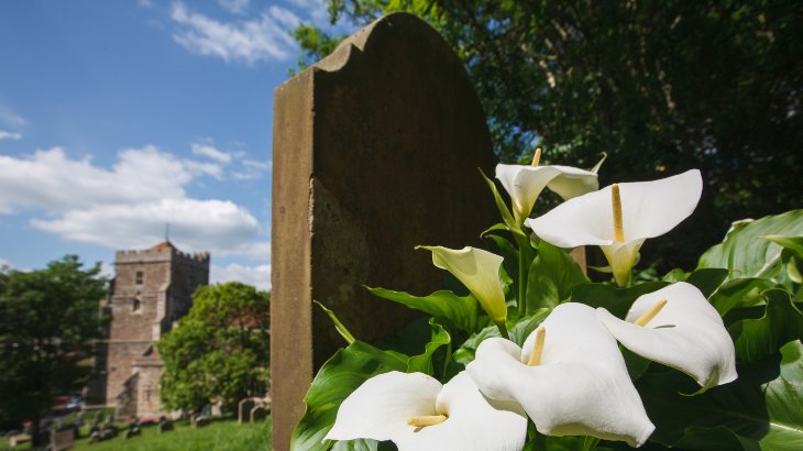 Lillies and gravestone in churchyard